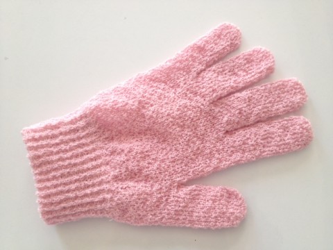 pink exfoliating bath gloves